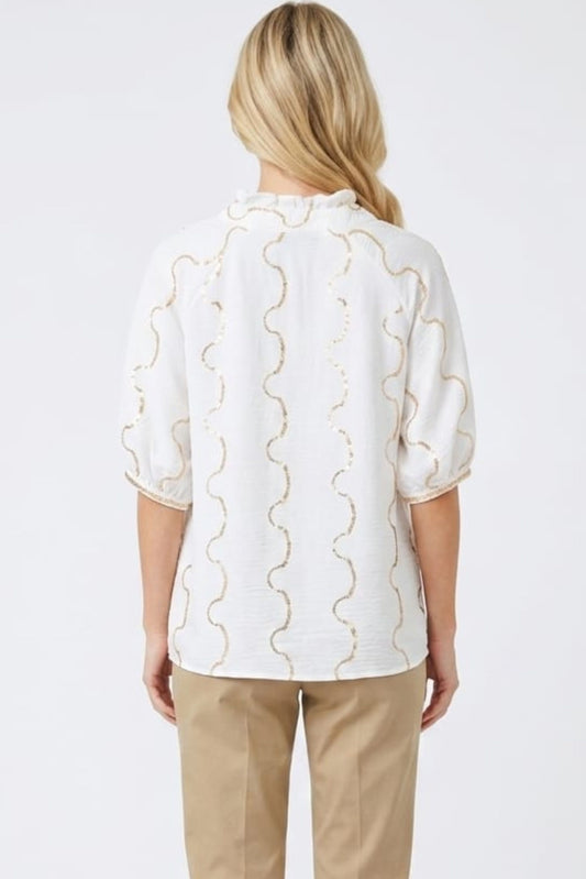 Alex & Parker Sequin Wavy Stripe Split-Neck Day Top