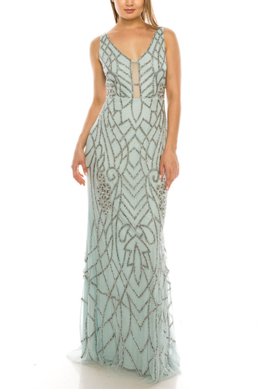 Adrianna Papell White Jade Allover Beaded Plunge Long Evening Dress
