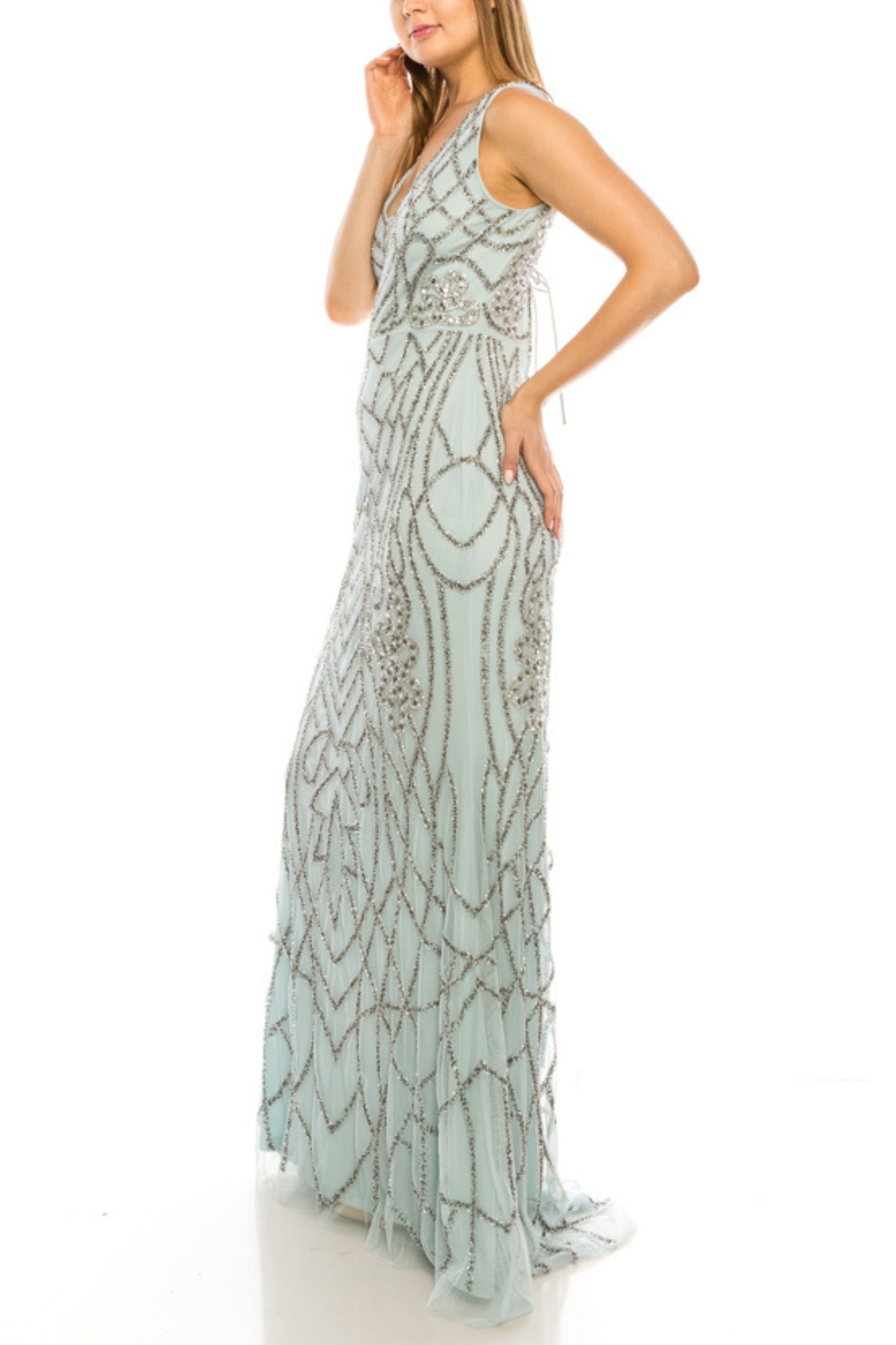 Adrianna Papell White Jade Allover Beaded Plunge Long Evening Dress