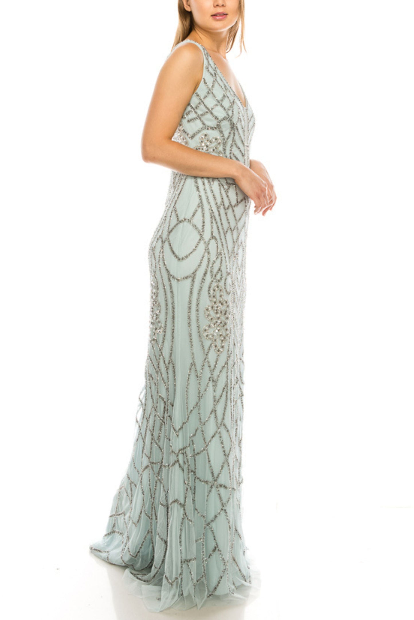 Adrianna Papell White Jade Allover Beaded Plunge Long Evening Dress
