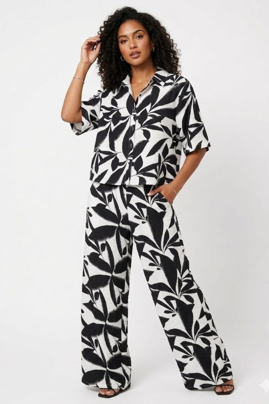 BATIA Ivory & Anthracite Bold Leaf Print Pant Set