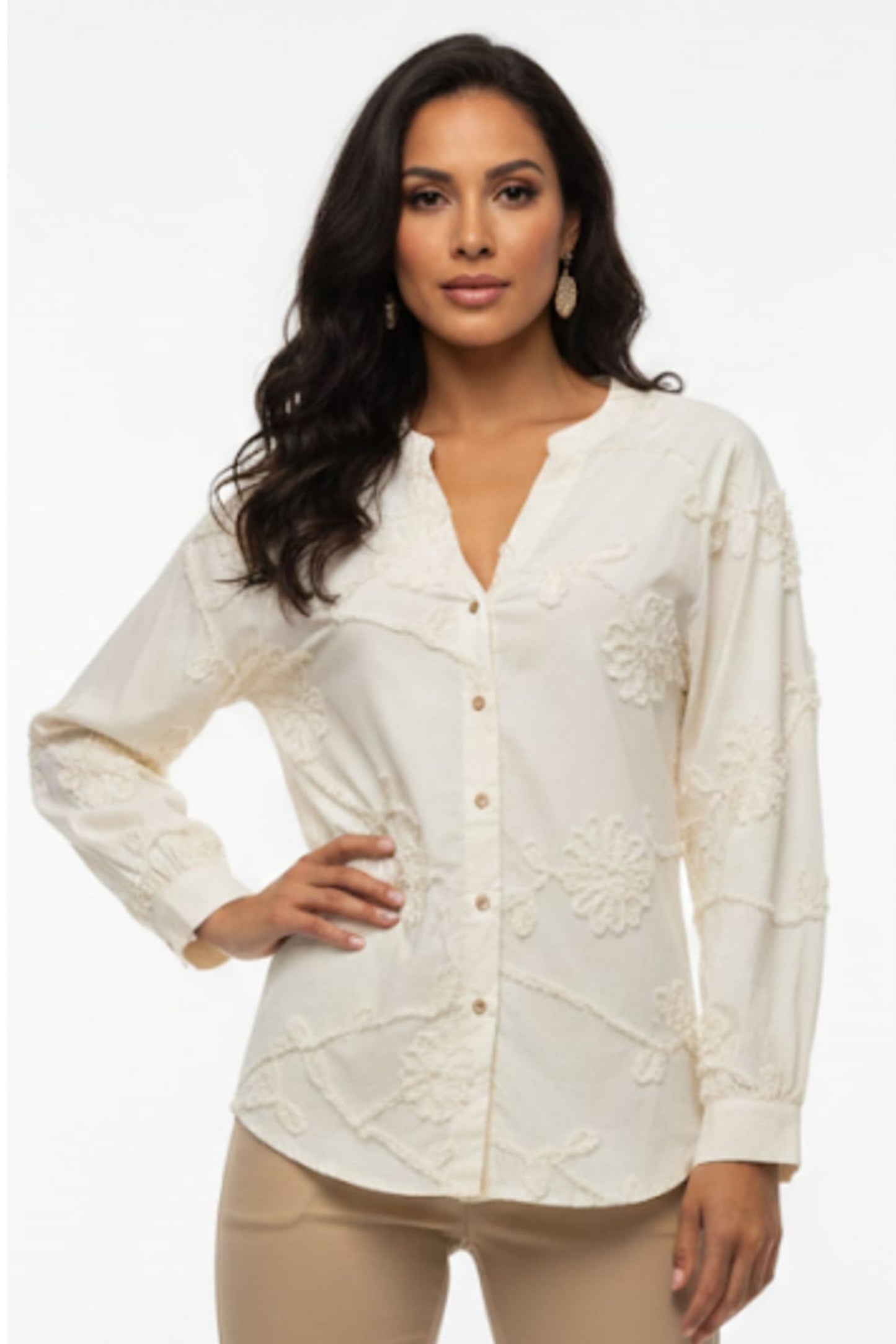 Hester & Orchard Embroidered Floral Button-Down Blouse