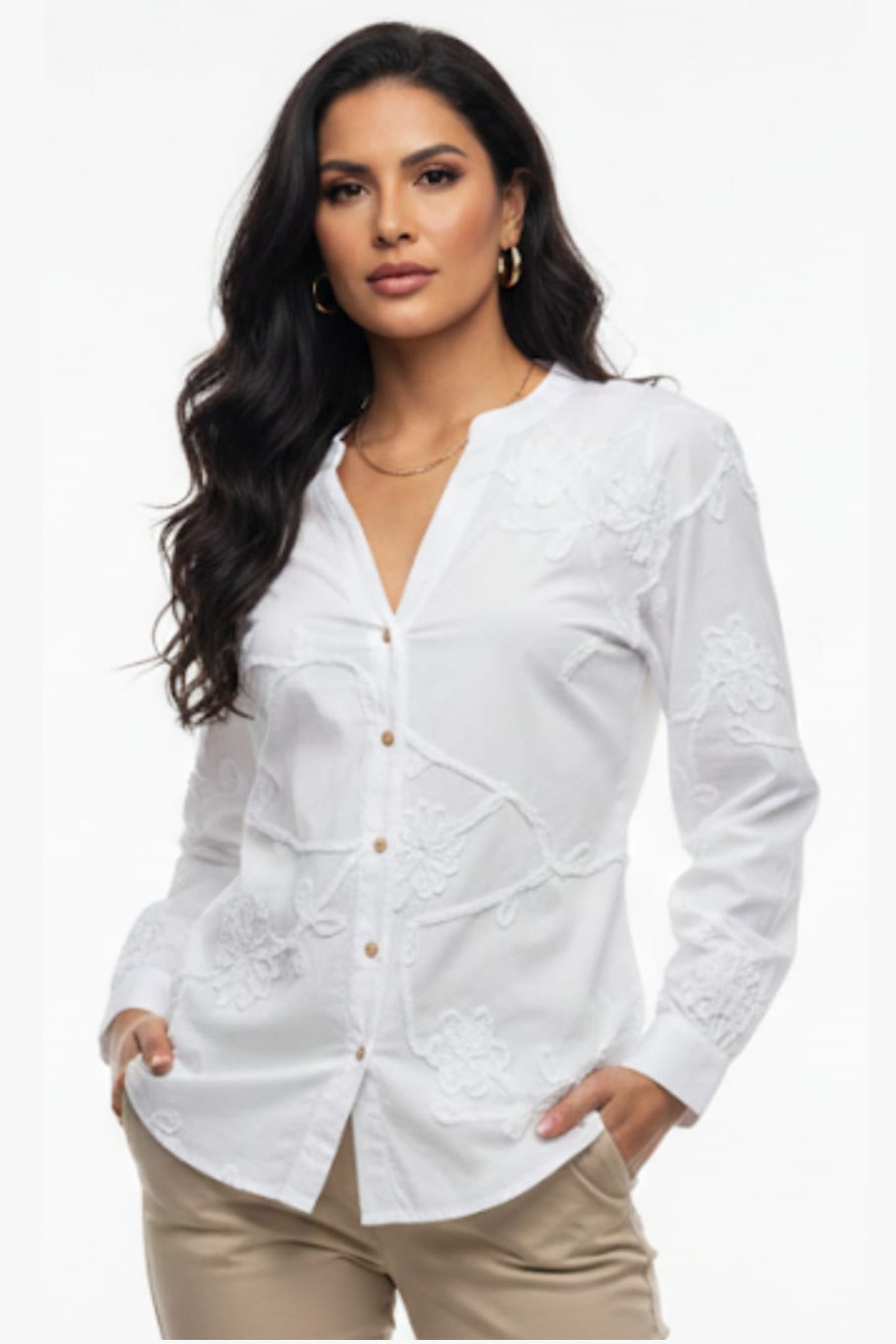 Hester & Orchard Embroidered Floral Button-Down Blouse