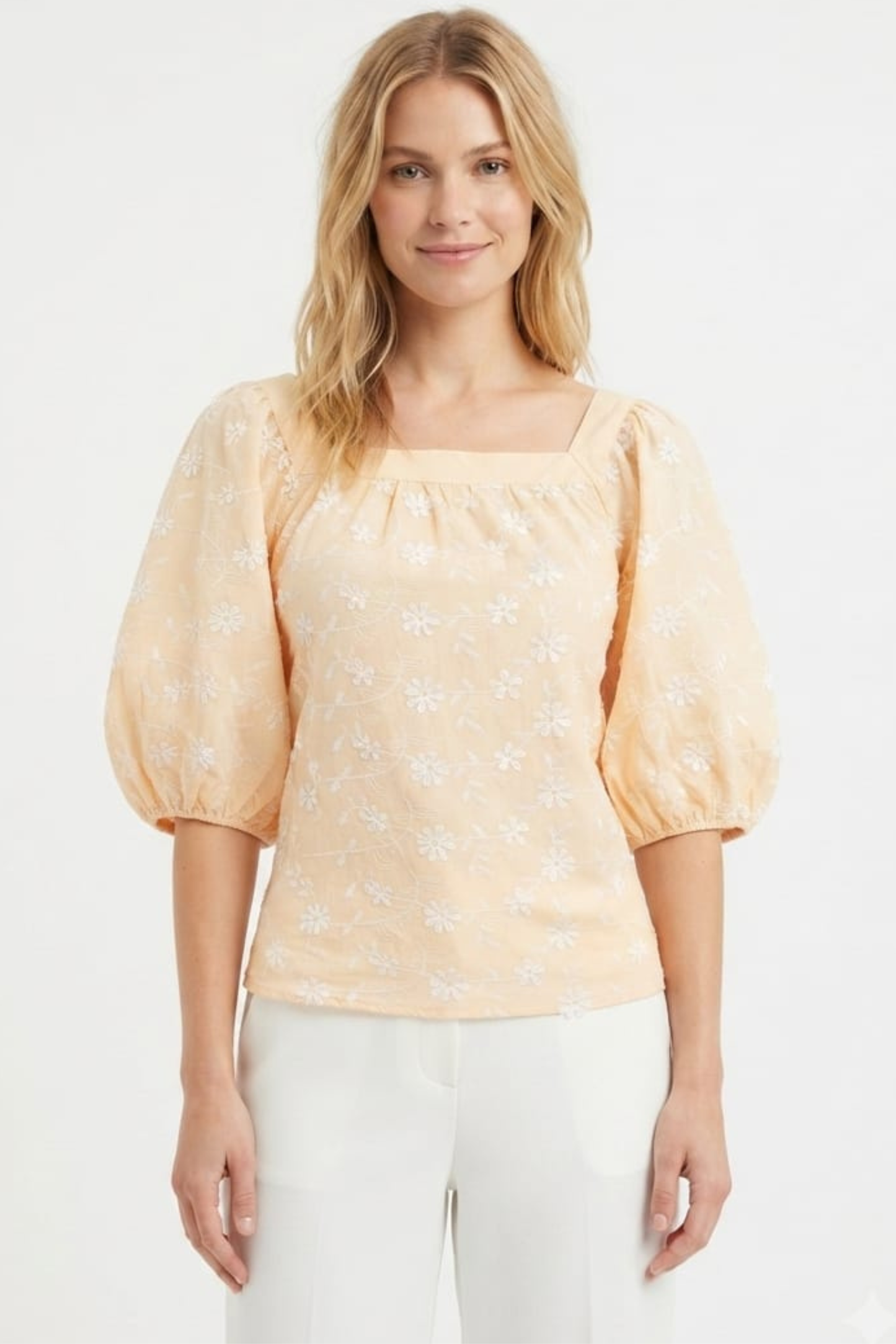 Hester & Orchard Tan Square-Neck Eyelet Puff-Sleeve Top