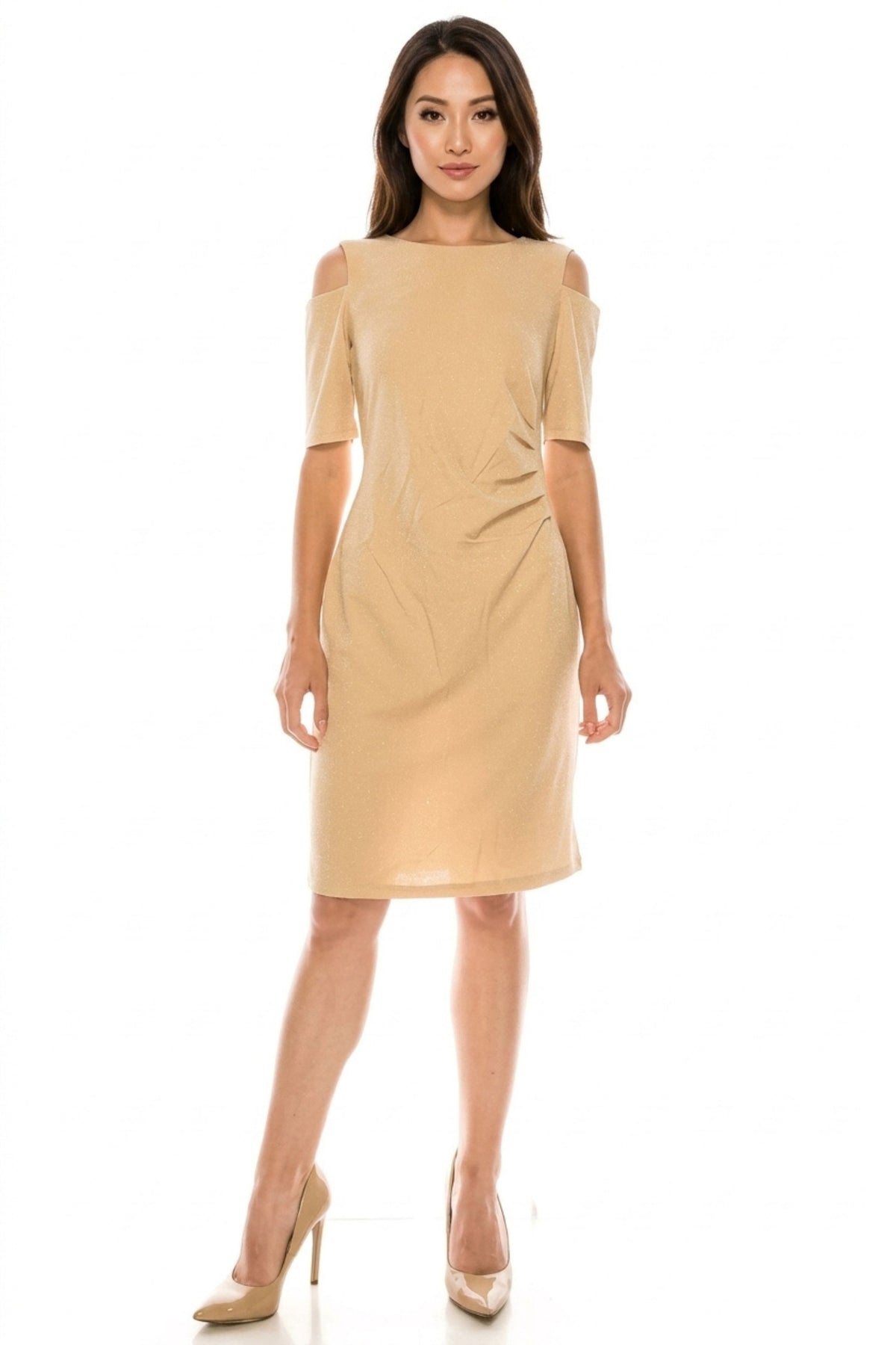ILE Clothing Side Pleat Cold Shoulder Sheath Dress