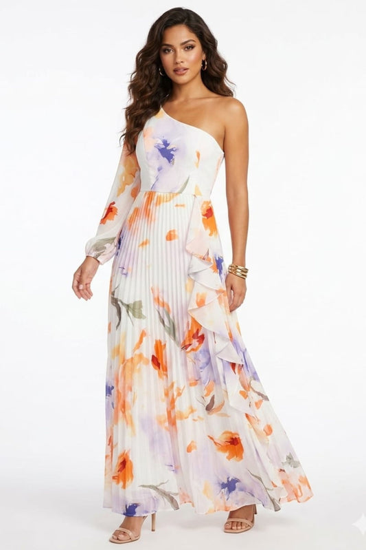 Chicways One-Shoulder Pleated Floral Maxi Dress