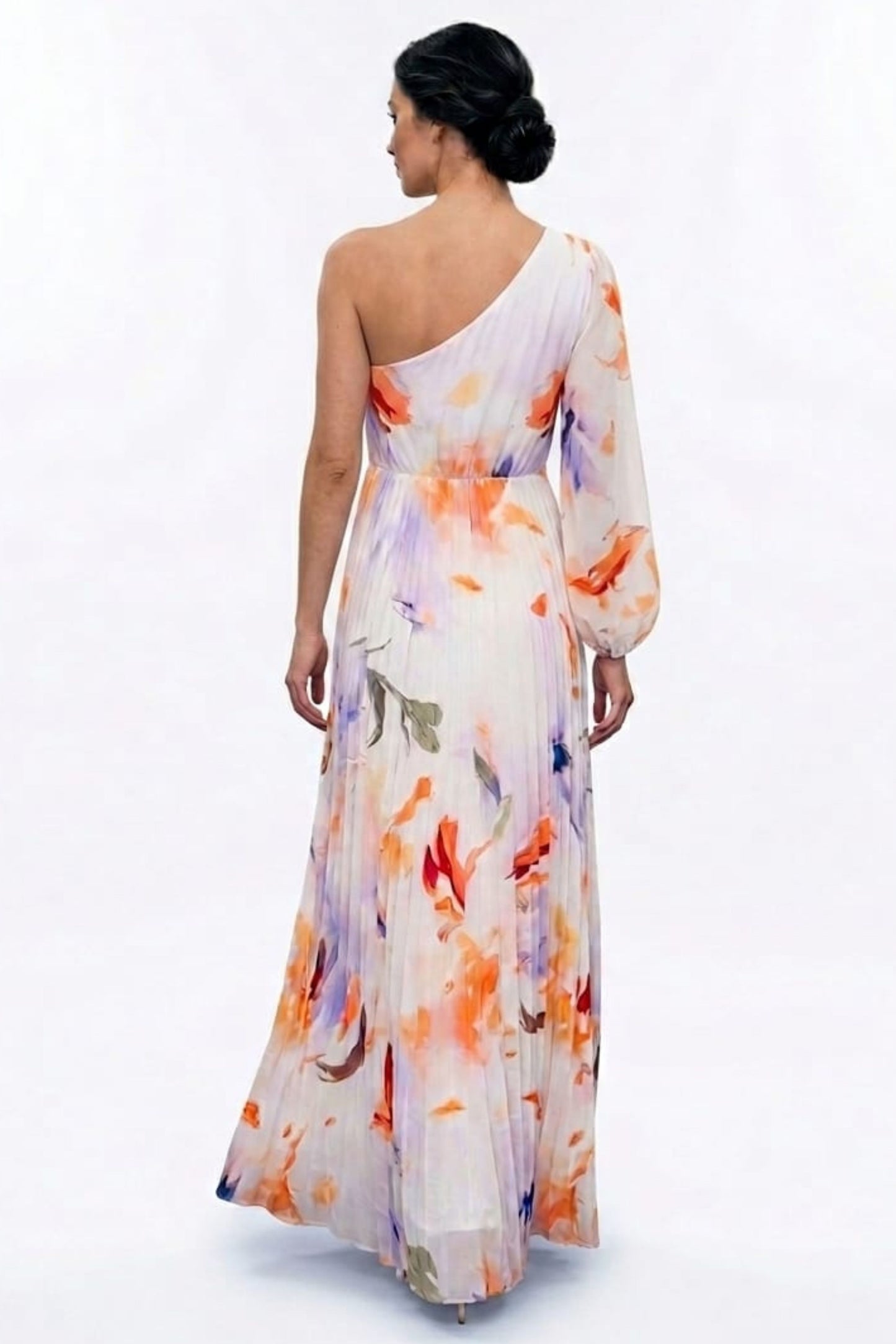 Chicways One-Shoulder Pleated Floral Maxi Dress