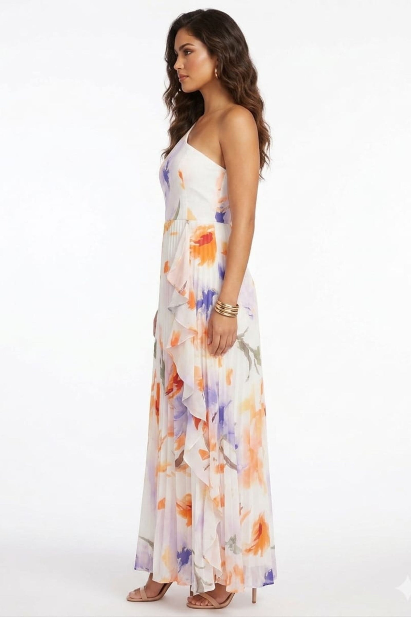 Chicways One-Shoulder Pleated Floral Maxi Dress