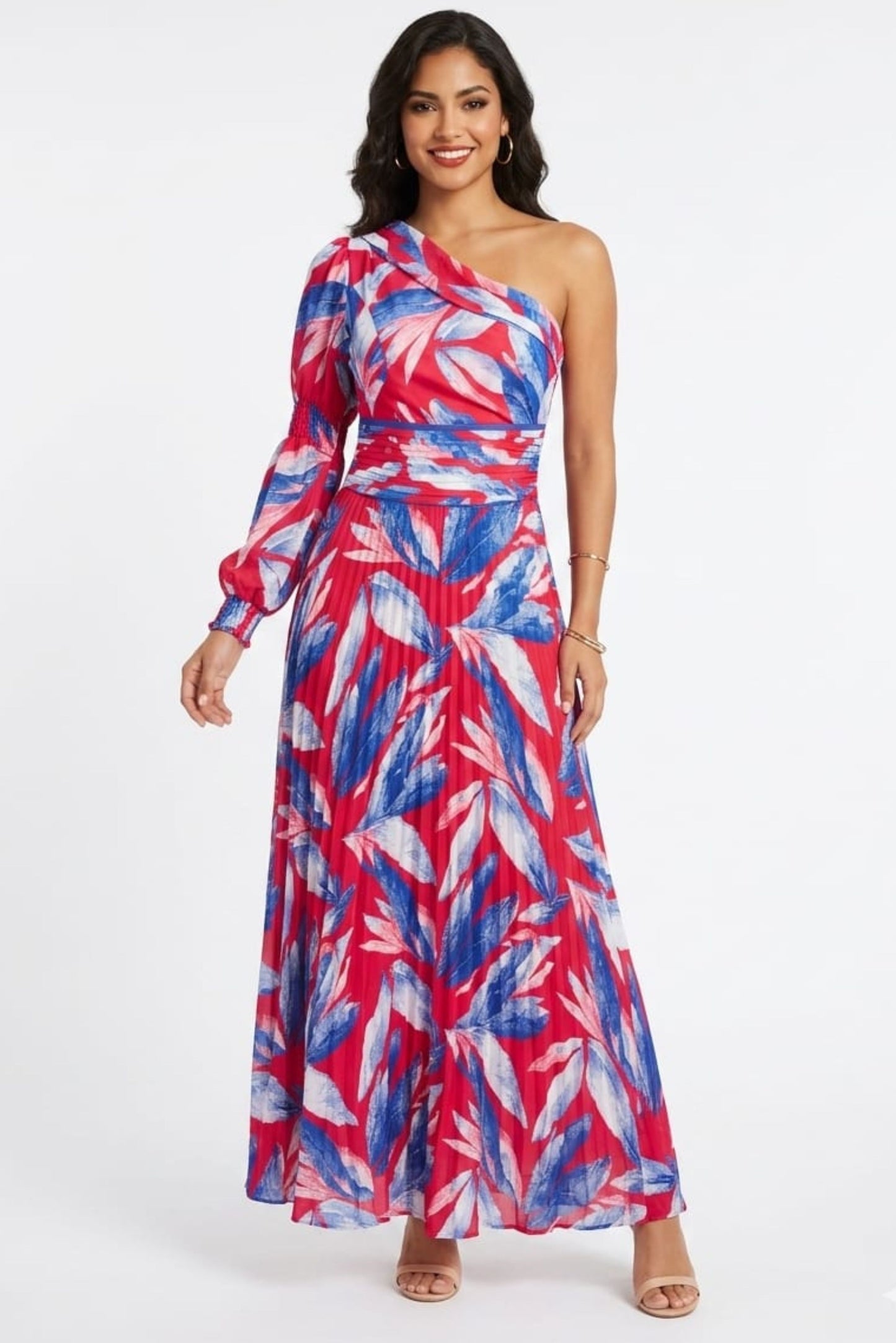 Chicways Crimson & Royal Blue Pleated One-Shoulder Maxi Dress