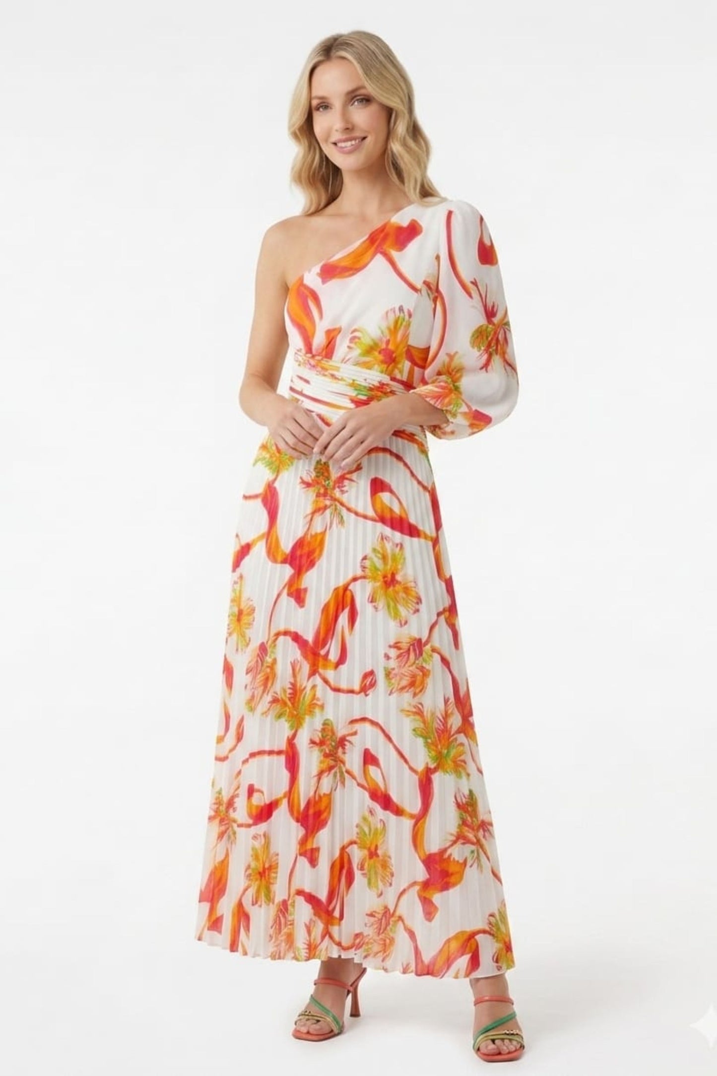Chicways Vibrant One-Shoulder Pleated Floral Maxi Dress