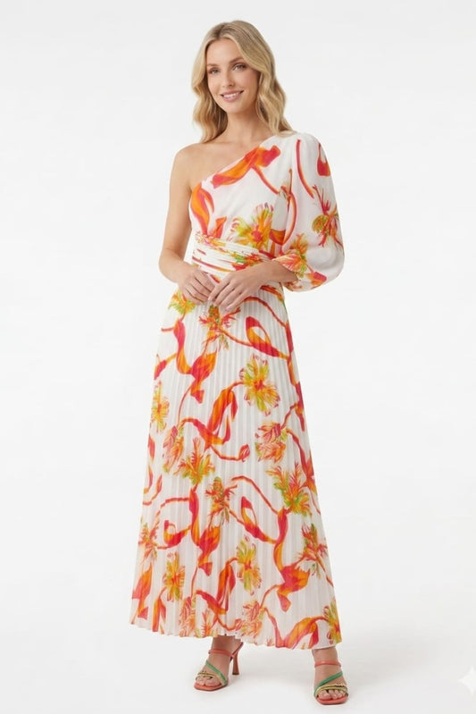 Chicways Vibrant One-Shoulder Pleated Floral Maxi Dress