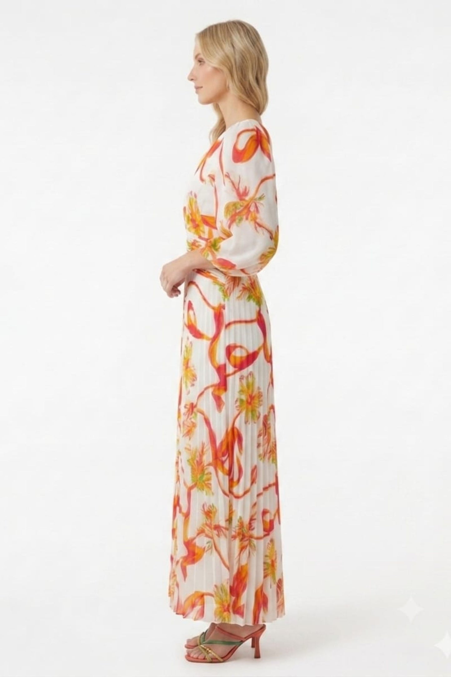 Chicways Vibrant One-Shoulder Pleated Floral Maxi Dress