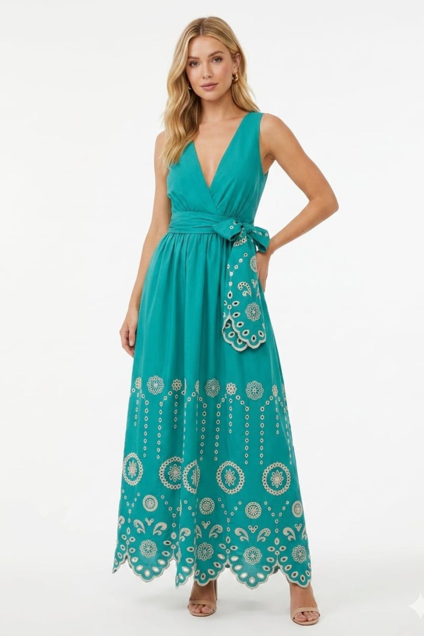 Chicways Jade Eyelet Embroidered Sleeveless Maxi Dress