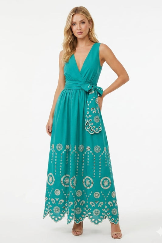 Chicways Jade Eyelet Embroidered Sleeveless Maxi Dress