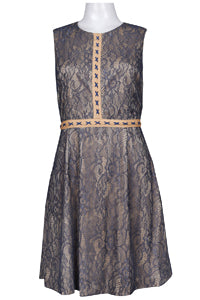 Cenia Crew Neckline Trim Stitch Detail Floral Lace Overlay Dress