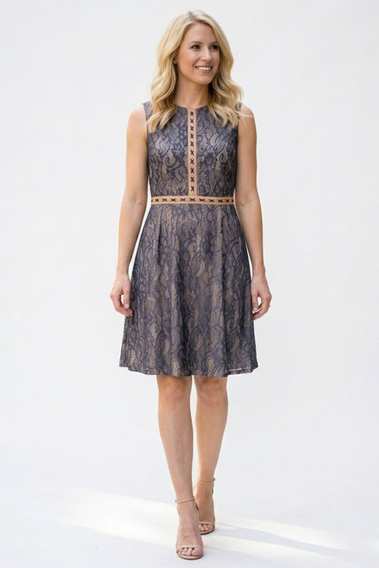 Cenia Crew Neckline Trim Stitch Detail Floral Lace Overlay Dress
