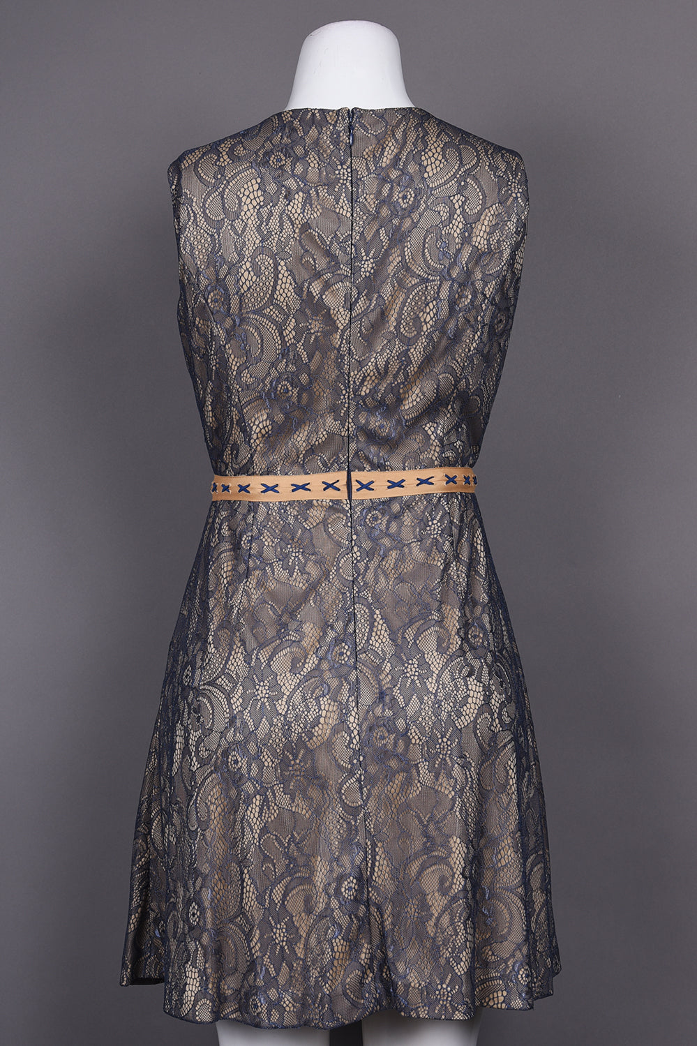 Cenia Crew Neckline Trim Stitch Detail Floral Lace Overlay Dress