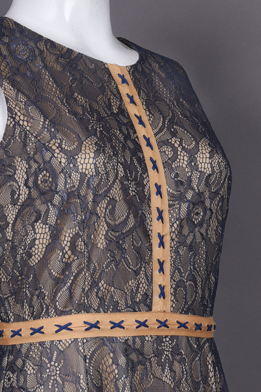 Cenia Crew Neckline Trim Stitch Detail Floral Lace Overlay Dress