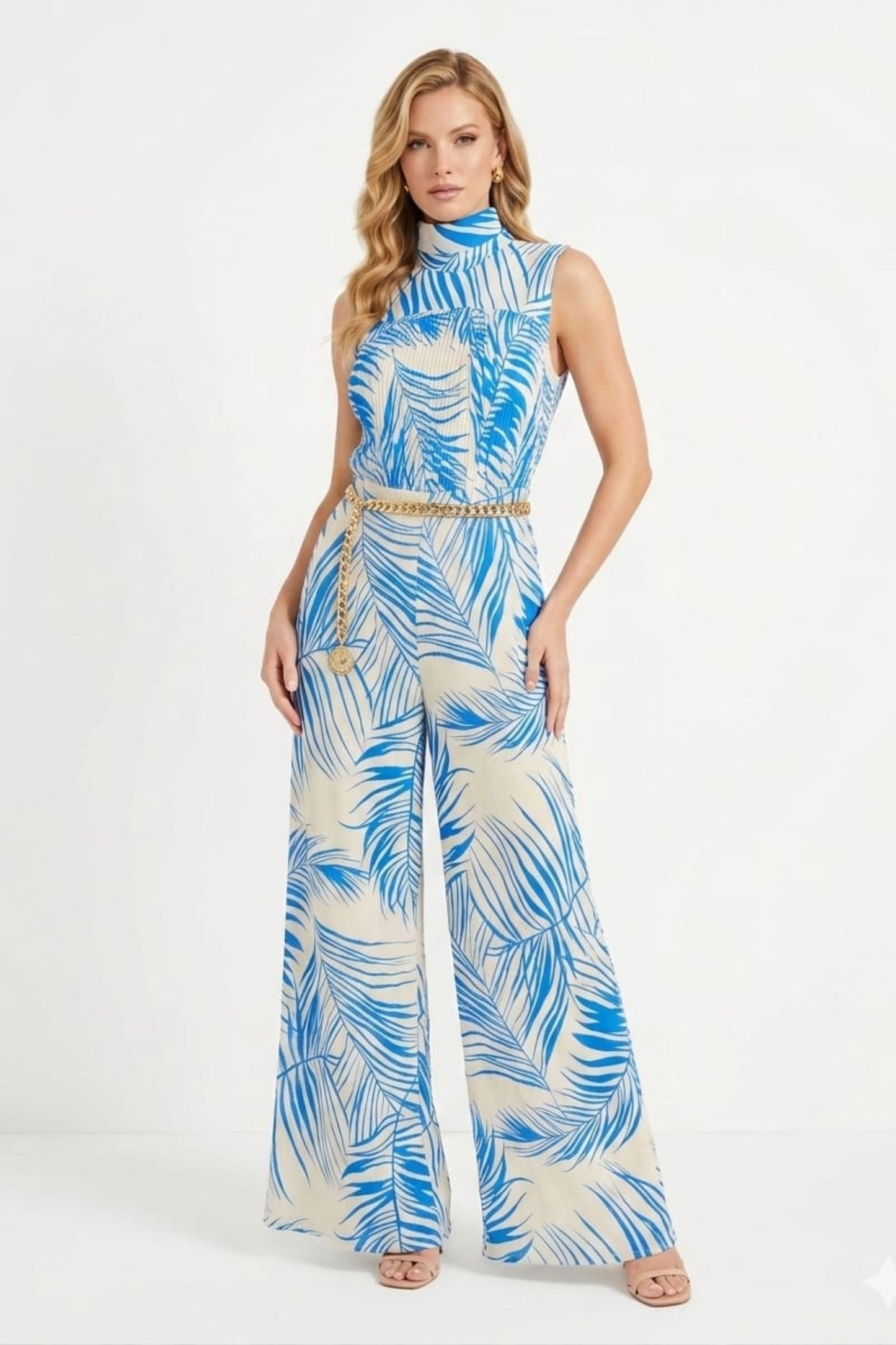 Chicways Tropical Palm Pleated Halter Jumpsuit