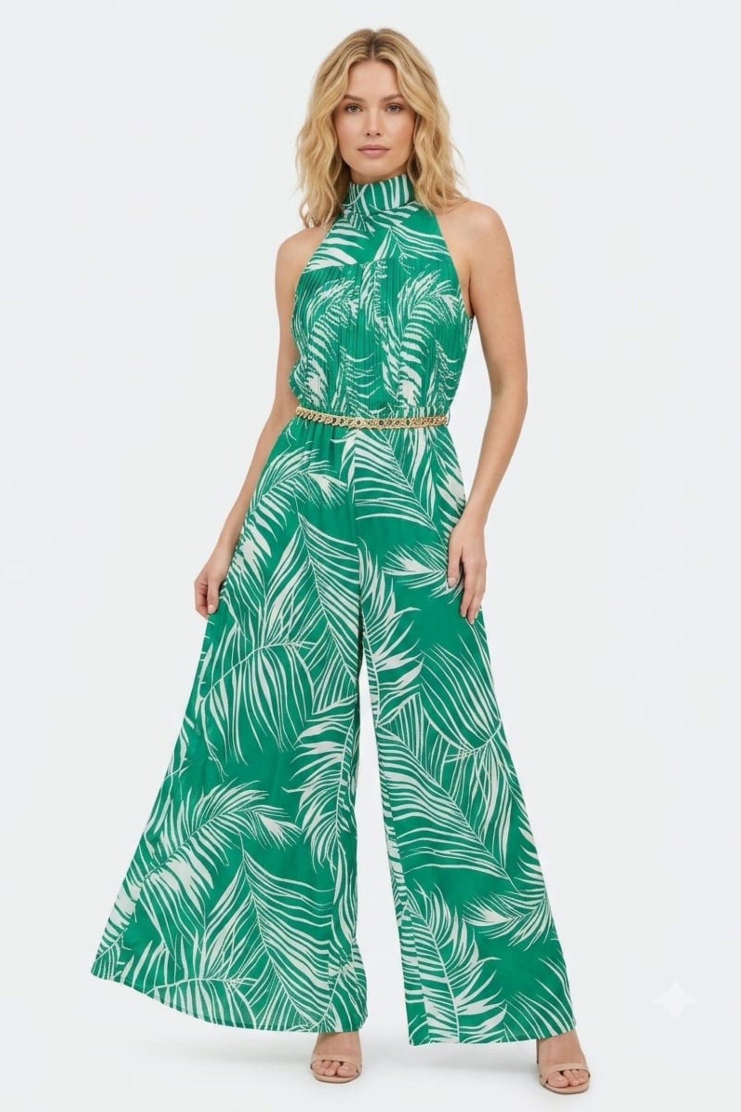 Chicways Tropical Palm Pleated Halter Jumpsuit