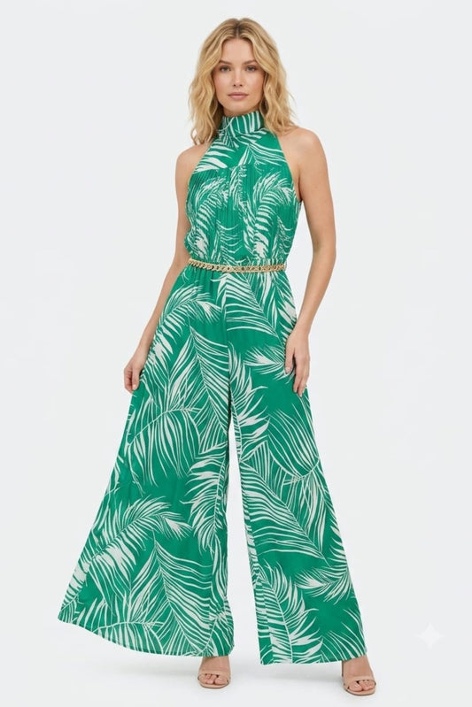 Chicways Tropical Palm Pleated Halter Jumpsuit