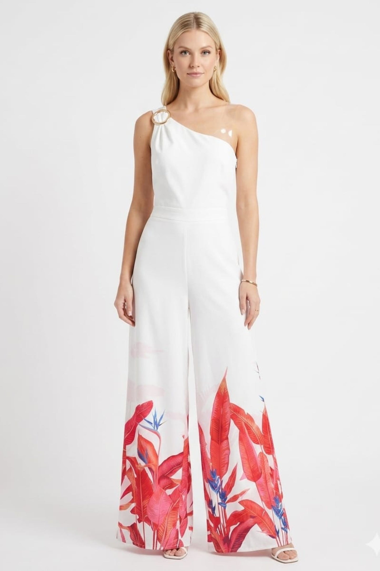 Chicways Crimson Tropical One-Shoulder Wide-Leg Jumpsuit
