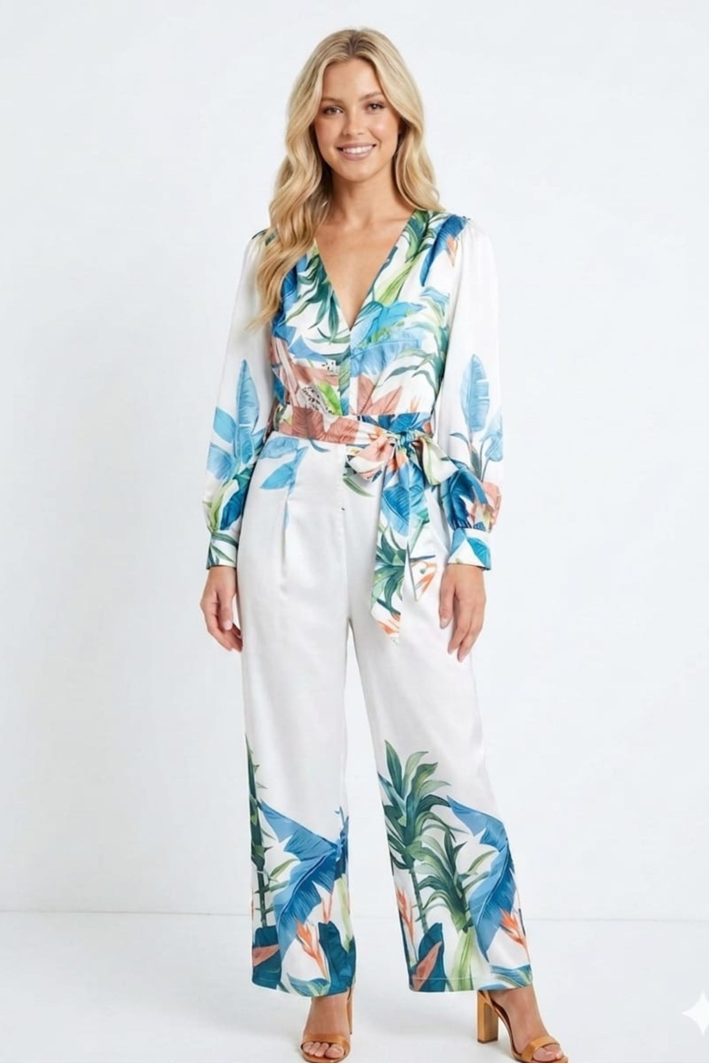 Chicways Botanical Long-Sleeve Wide-Leg Jumpsuit