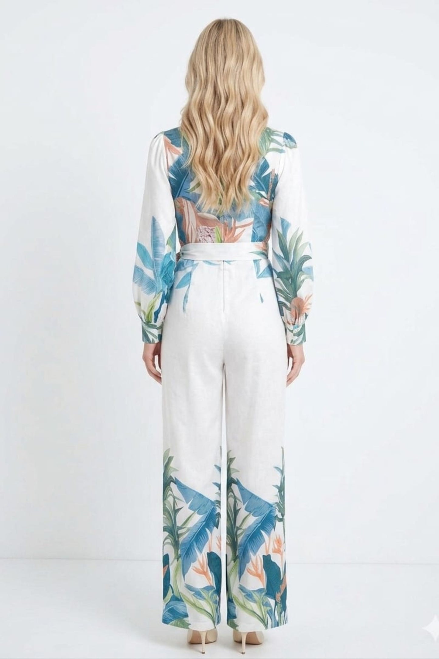 Chicways Botanical Long-Sleeve Wide-Leg Jumpsuit