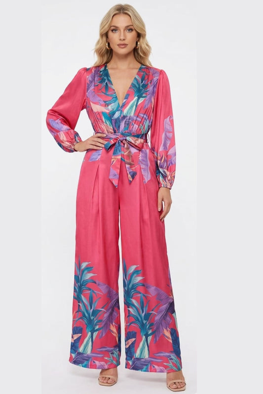 Chicways Botanical Long-Sleeve Wide-Leg Jumpsuit