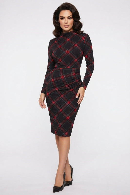 Clover & Sloane Plaid Ruched Mock Neck Midi Dress
