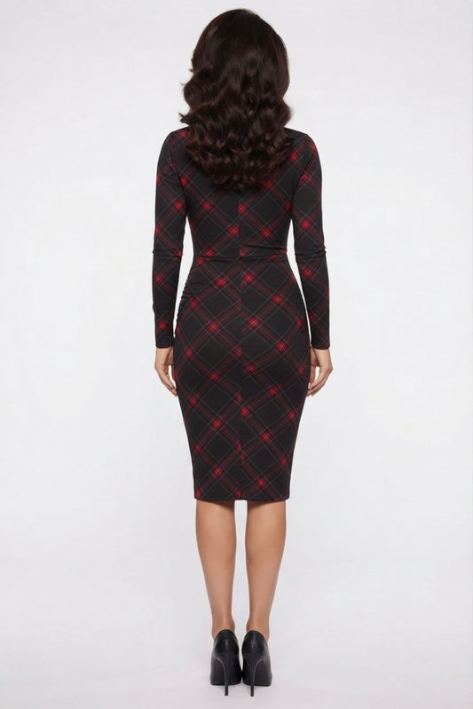 Clover & Sloane Plaid Ruched Mock Neck Midi Dress