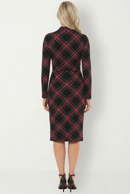 Clover & Sloane Plaid Ruched Mock Neck Midi Dress