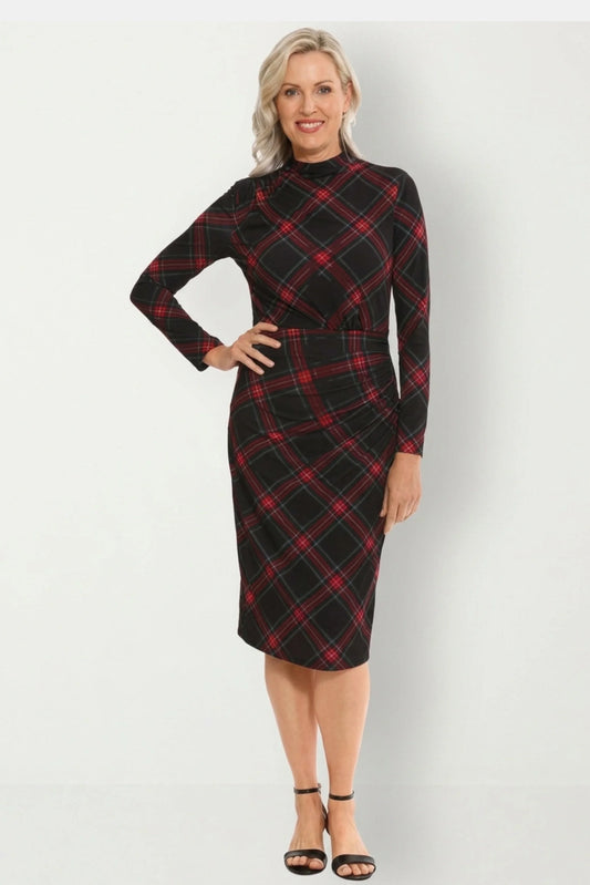 Clover & Sloane Plaid Ruched Mock Neck Midi Dress