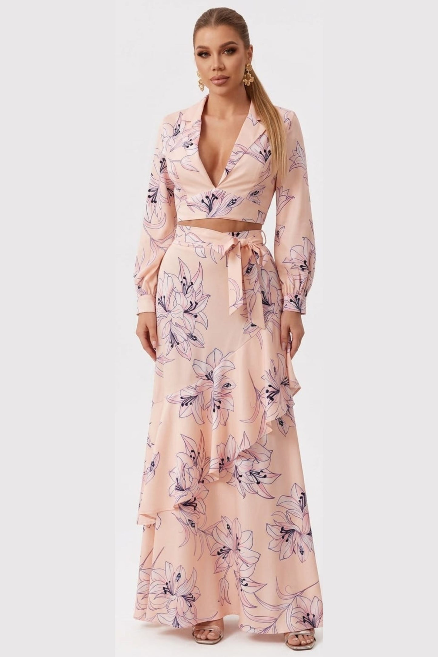 Chicways Apricot Blossom Two-Piece Crop Top & Ruffle Maxi Skirt Set
