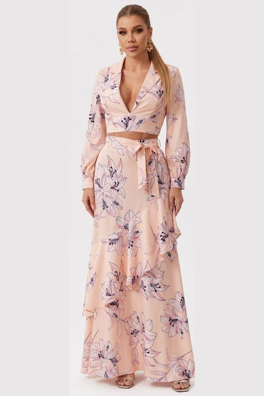 Chicways Apricot Blossom Two-Piece Crop Top & Ruffle Maxi Skirt Set