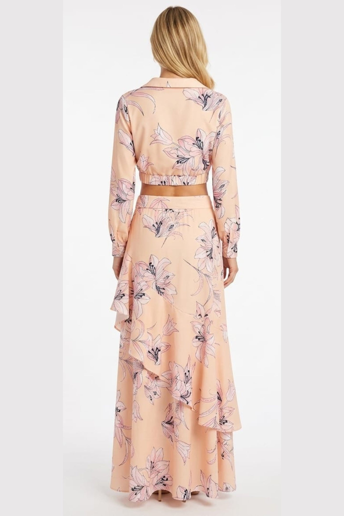 Chicways Apricot Blossom Two-Piece Crop Top & Ruffle Maxi Skirt Set