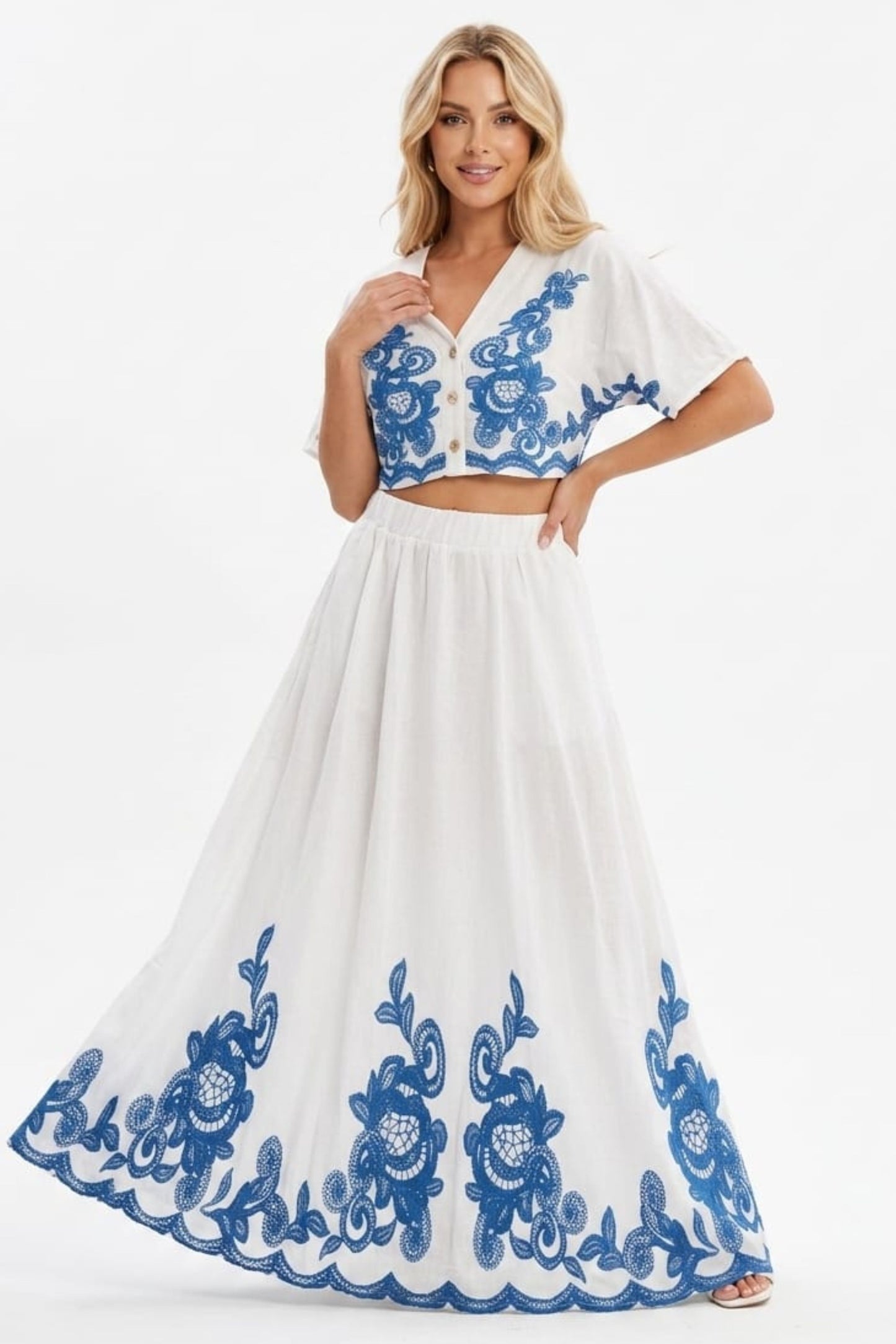 Chicways Embroidered Two-Piece Maxi Skirt Set