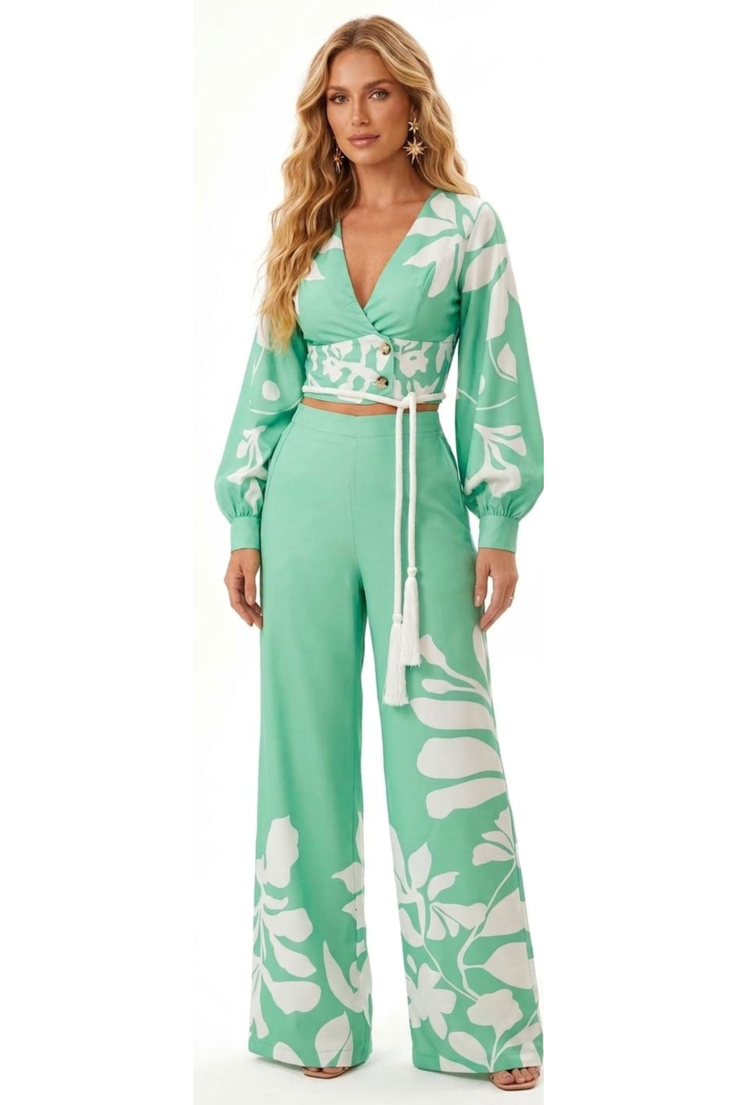 Chicways Tropical Breeze Two-Piece Crop Top & Wide-Leg Pant Set