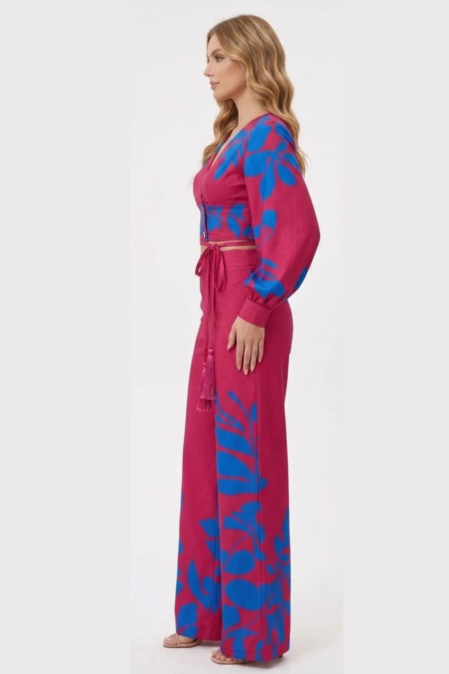 Chicways Tropical Breeze Two-Piece Crop Top & Wide-Leg Pant Set