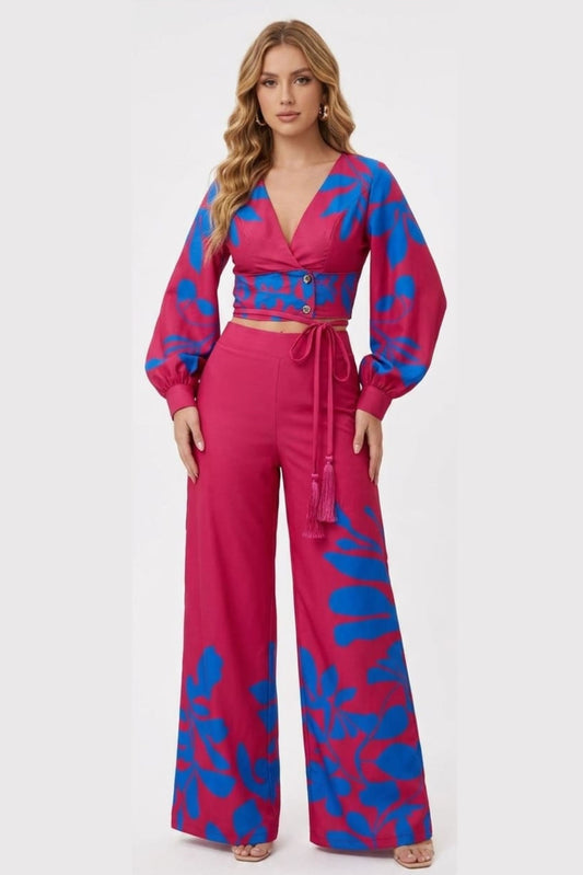 Chicways Tropical Breeze Two-Piece Crop Top & Wide-Leg Pant Set