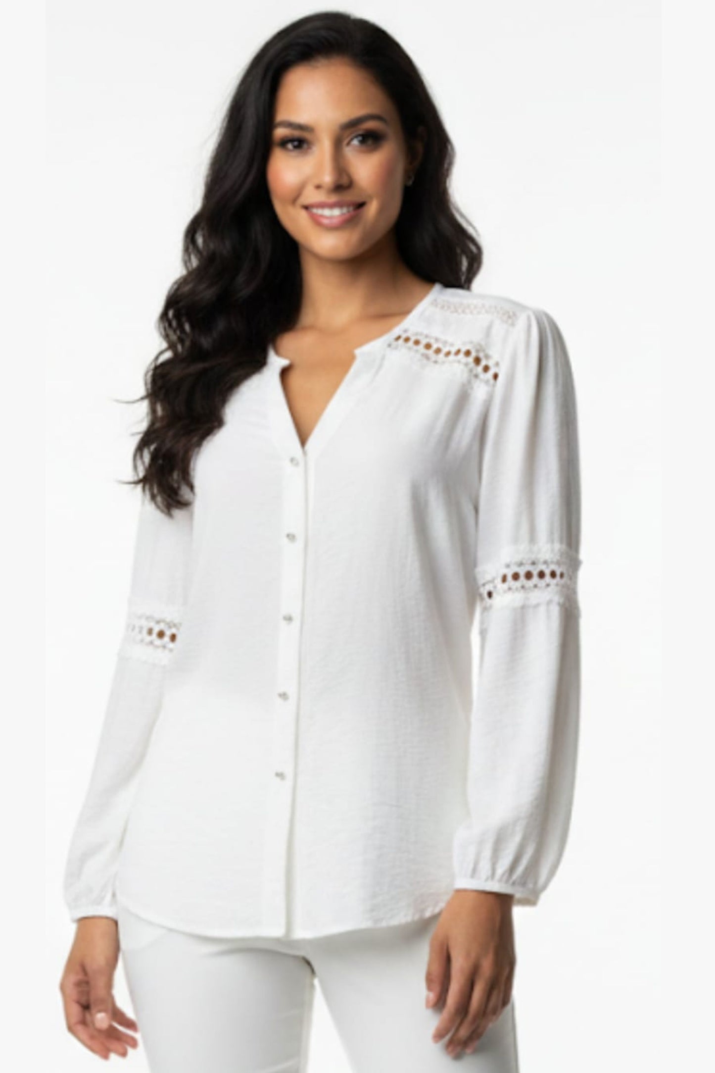 Hester & Orchard Lace-Trim Split Neck Button-Down Blouse