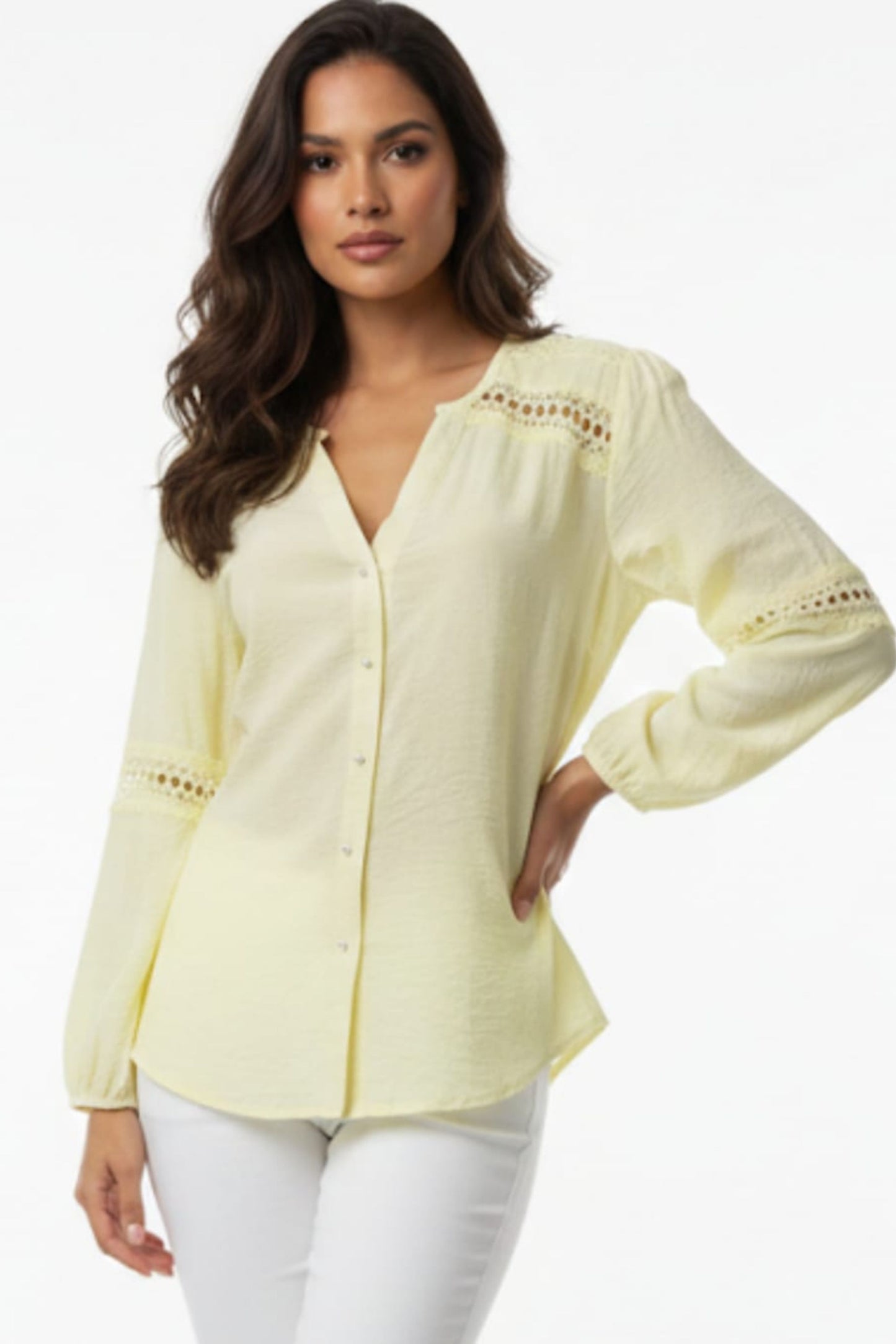 Hester & Orchard Lace-Trim Split Neck Button-Down Blouse