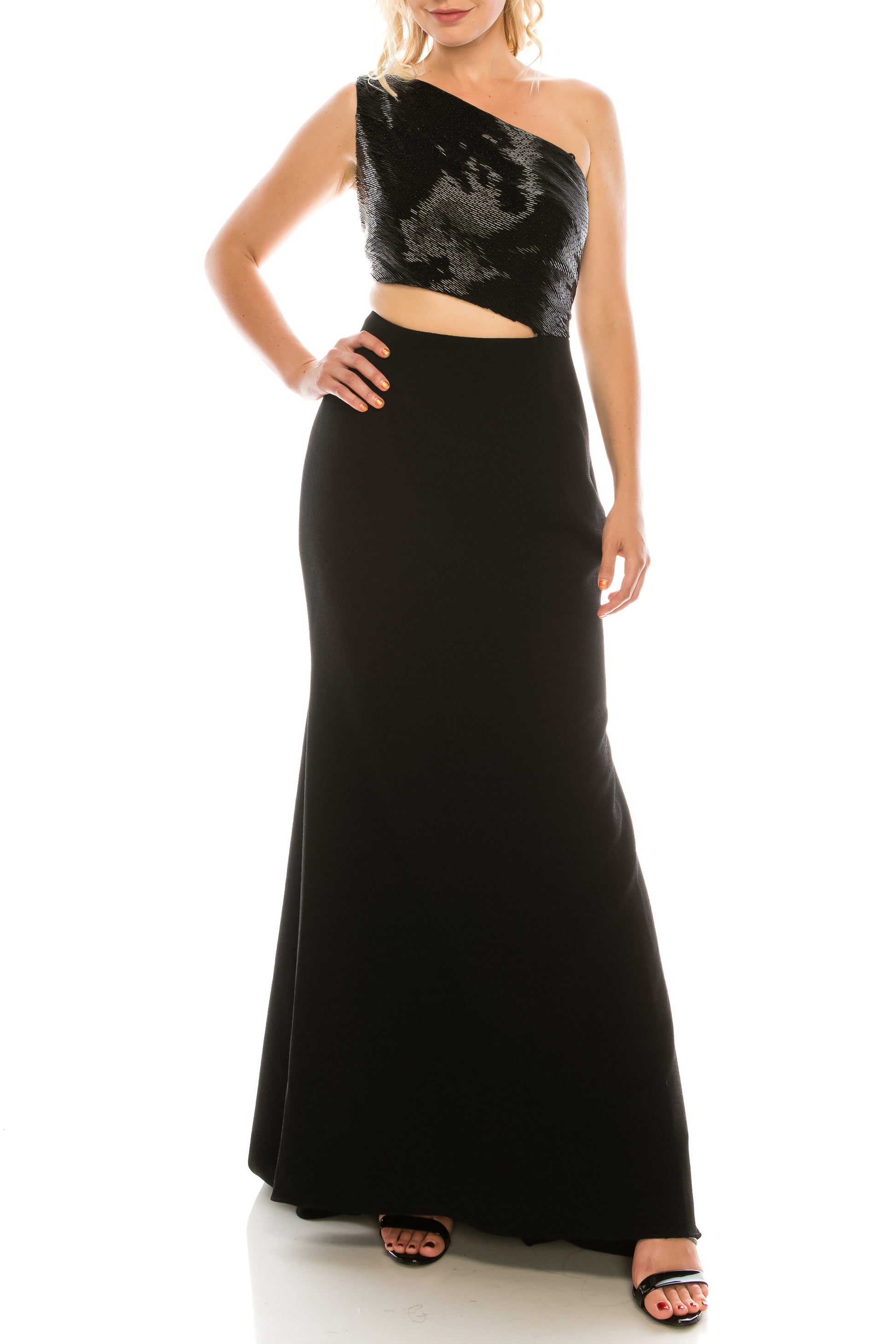 Carmen Marc Valvo Black Beaded One Shoulder Evening Gown New Yorker's Apparel Carmen Marc Valvo Black Beaded One Shoulder Evening Gown New Yorker's Apparel