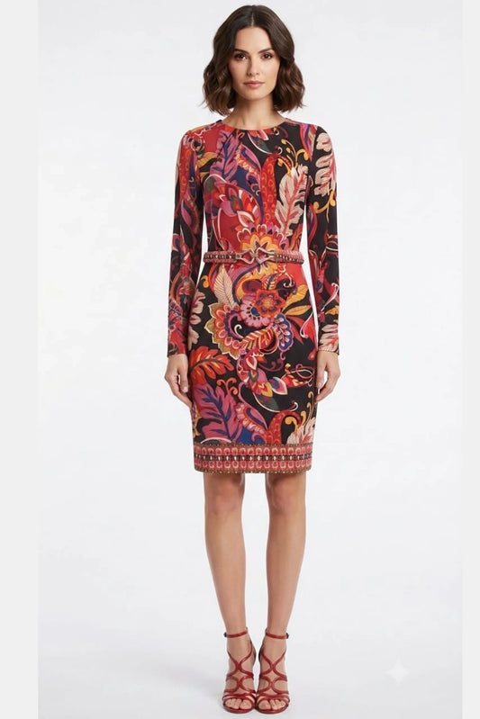 Clover & Slone Floral Belted Long Sleeve Dress