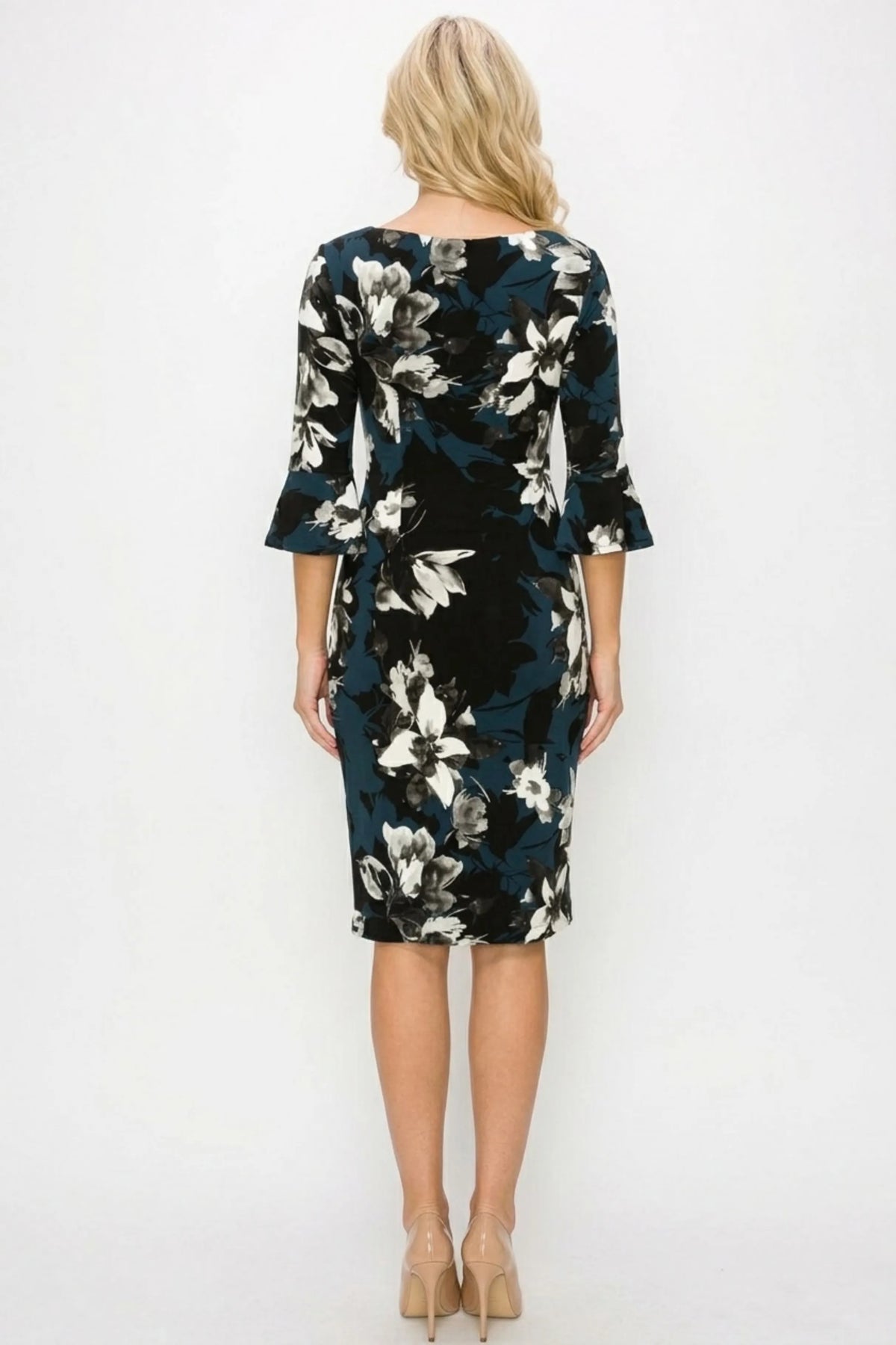 Connected Apparel Floral Print Pleated Waist Dress