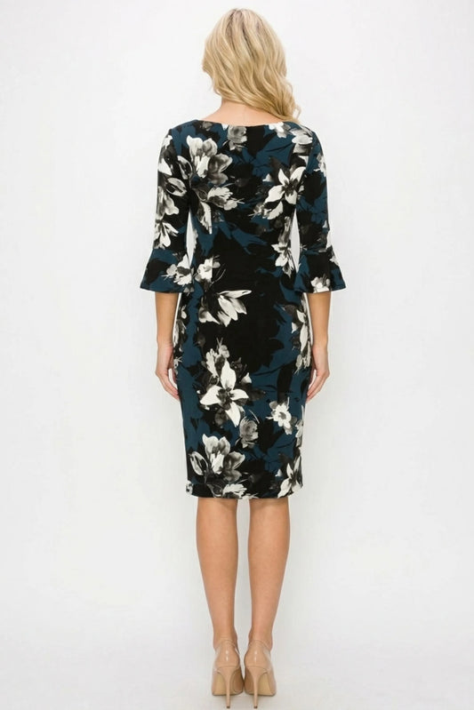 Connected Apparel Floral Print Pleated Waist Dress