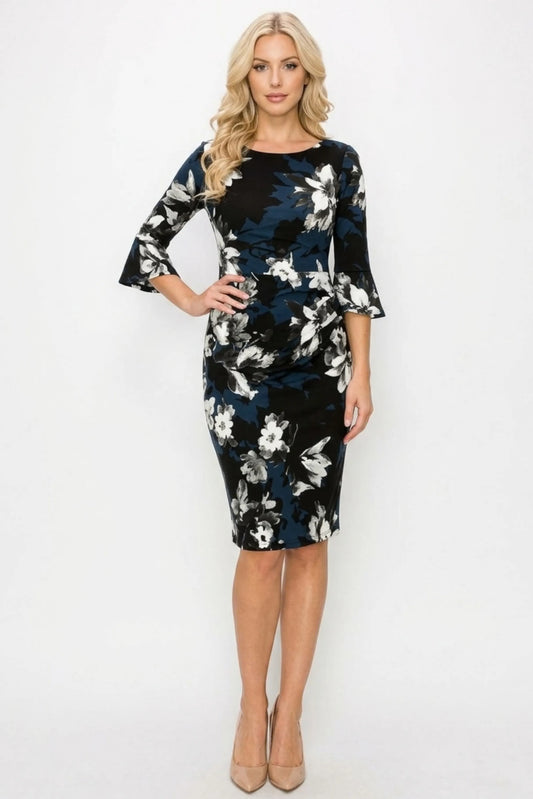 Connected Apparel Floral Print Pleated Waist Dress