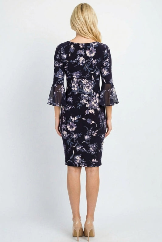 Connected Apparel Eggplant Floral Side-Tie Sheath Dress with Chiffon Bell Sleeves