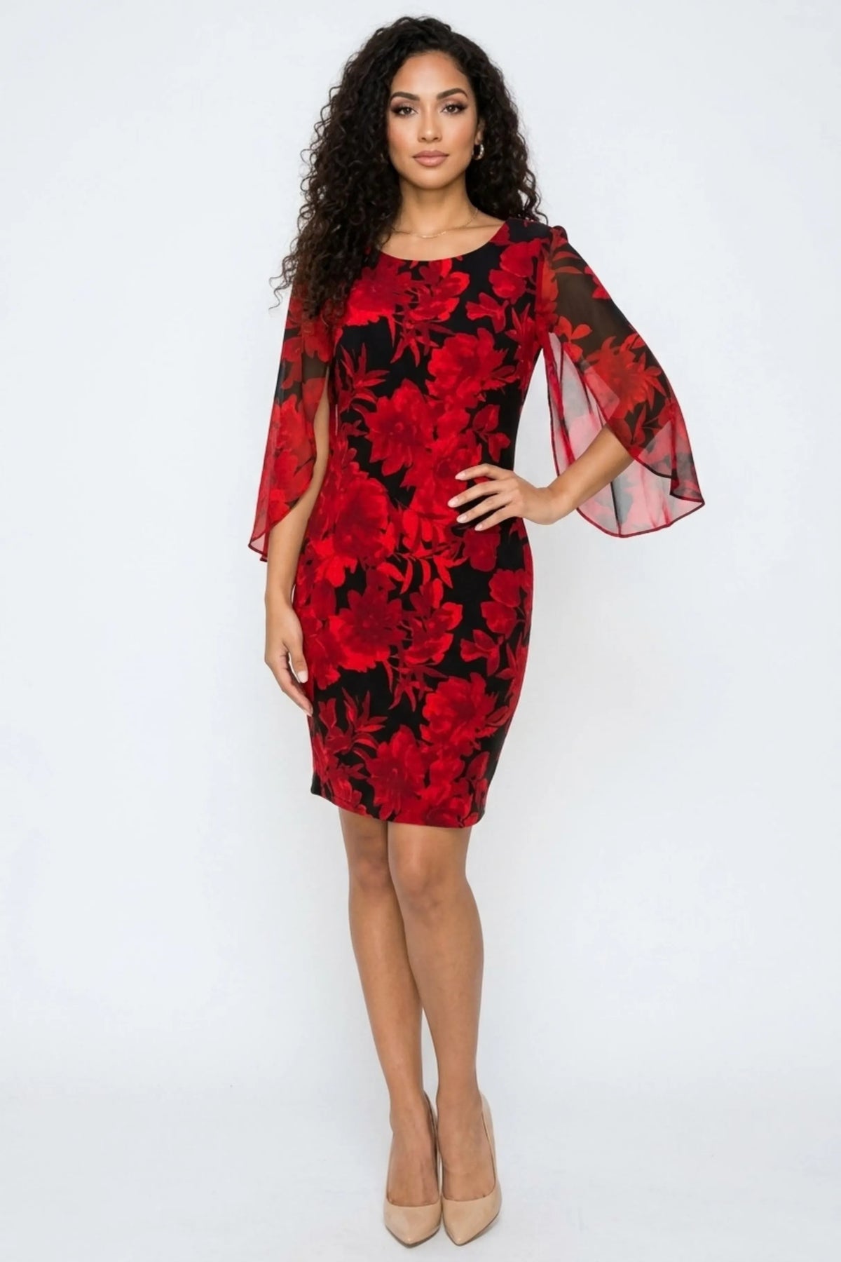 Connected Apparel Red Floral Sheath Dress