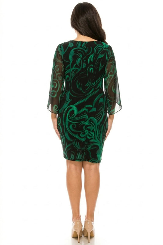 Connected Apparel Emerald Green Floral Sheath Dress with Sheer Chiffon Cape Sleeves